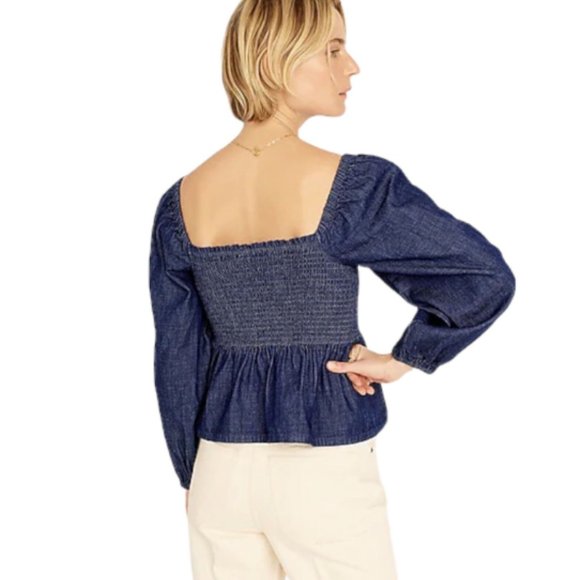NWT J. Crew Puff-Sleeve Dark Blue Rinse Chambray Denim Smocked Top, size Large - Picture 2 of 8